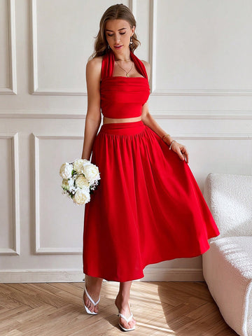 Valentine Day Two Piece Set Women,Solid Color Woven Cropped Halter Top & High Waist Loose A-Line Skirt For Women