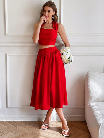 Valentine Day Two Piece Set Women,Solid Color Woven Cropped Halter Top & High Waist Loose A-Line Skirt For Women