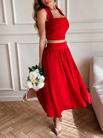 Valentine Day Two Piece Set Women,Solid Color Woven Cropped Halter Top & High Waist Loose A-Line Skirt For Women