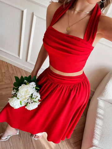 Valentine Day Two Piece Set Women,Solid Color Woven Cropped Halter Top & High Waist Loose A-Line Skirt For Women