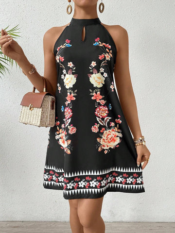 Vintage Floral Print Halterneck Dress