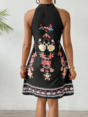 Vintage Floral Print Halterneck Dress