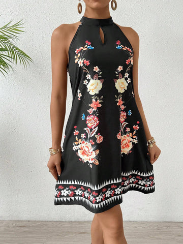 Vintage Floral Print Halterneck Dress