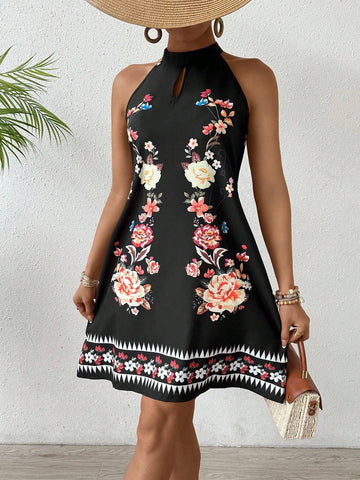 Vintage Floral Print Halterneck Dress