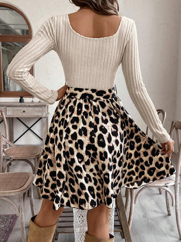 Vintage Leopard Print Patchwork Knitted Square Collar Ruffle Hem A-Line Skirt Dress With Waist T