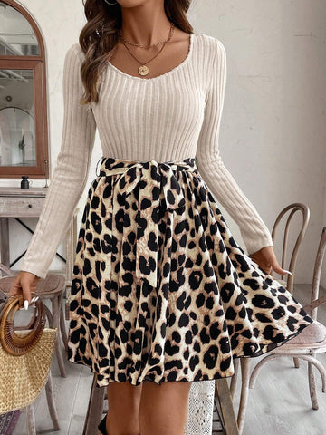 Vintage Leopard Print Patchwork Knitted Square Collar Ruffle Hem A-Line Skirt Dress With Waist T