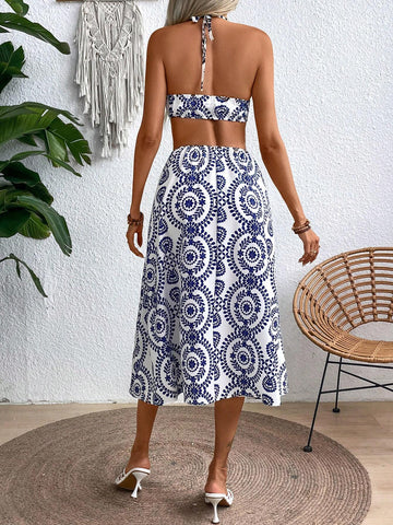 Vintage Patterned Hollow Out Sleeveless Casual Summer Holiday Dress