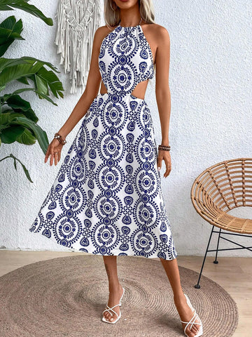 Vintage Patterned Hollow Out Sleeveless Casual Summer Holiday Dress