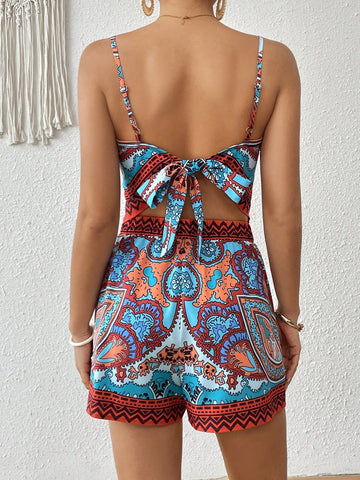 Vintage Printed Camisole Top And Shorts Two Piece Set