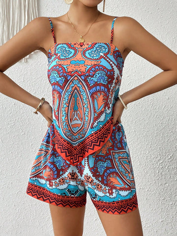 Vintage Printed Camisole Top And Shorts Two Piece Set