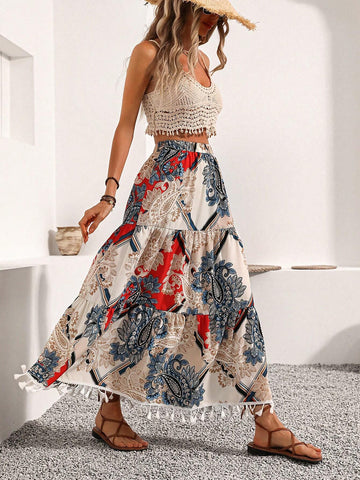 VCAY Vintage Printed Fringed Hem Skirt