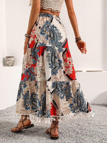 VCAY Vintage Printed Fringed Hem Skirt