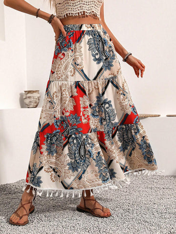 VCAY Vintage Printed Fringed Hem Skirt