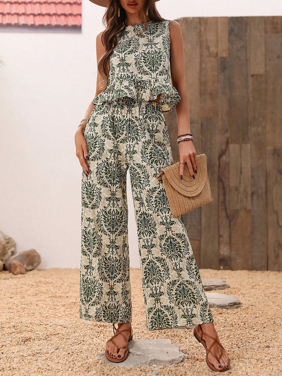 Vintage Printed Ruffle Hem Top With Wide-Leg Pants Set