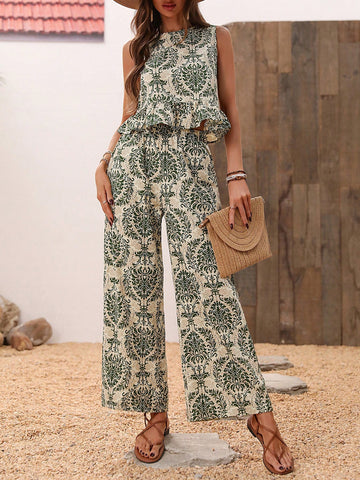 Vintage Printed Ruffle Hem Top With Wide-Leg Pants Set