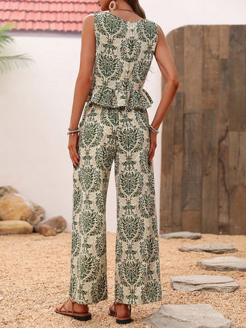 Vintage Printed Ruffle Hem Top With Wide-Leg Pants Set