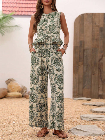 Vintage Printed Ruffle Hem Top With Wide-Leg Pants Set