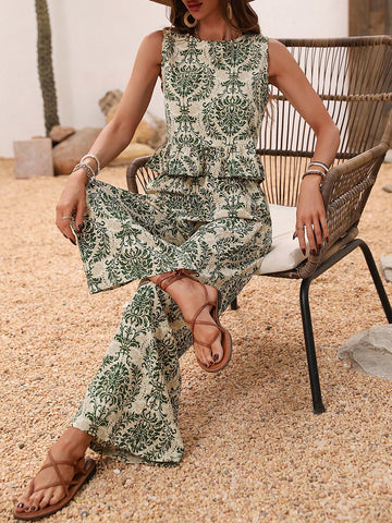 Vintage Printed Ruffle Hem Top With Wide-Leg Pants Set