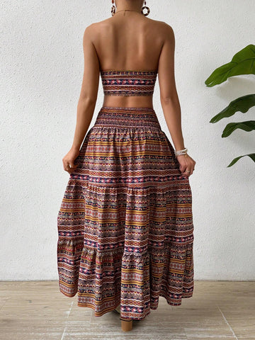 Vintage Printed Strapless Top & Asymmetrical Hem Skirt Set