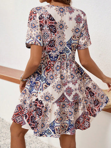 Vintage Women's Deep V-Neck Printed Dress