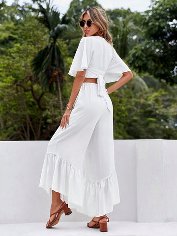 Vocation Style Women's Ruffle Short Sleeve Crop Top And Ruffle Hem Pants Two Piece Set