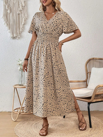 Waist-Tied Printed Flared Dress