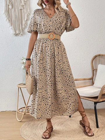 Waist-Tied Printed Flared Dress