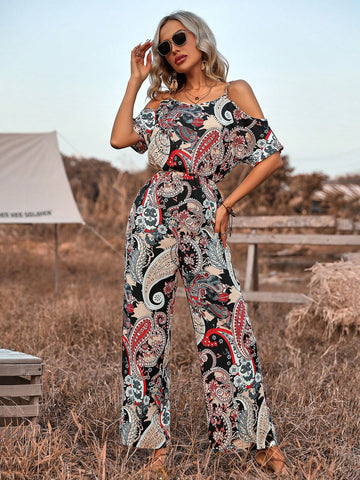 Women'S Cashew Print Off Shoulder Loose Jumpsuit