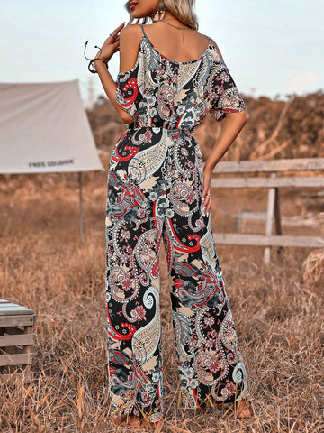 Women'S Cashew Print Off Shoulder Loose Jumpsuit