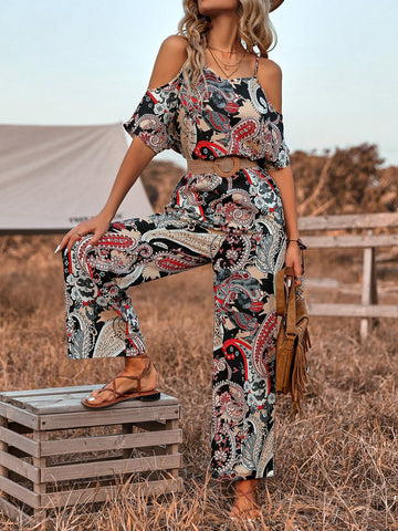 Women'S Cashew Print Off Shoulder Loose Jumpsuit