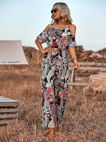 Women'S Cashew Print Off Shoulder Loose Jumpsuit