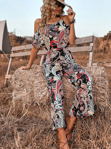 Women'S Cashew Print Off Shoulder Loose Jumpsuit