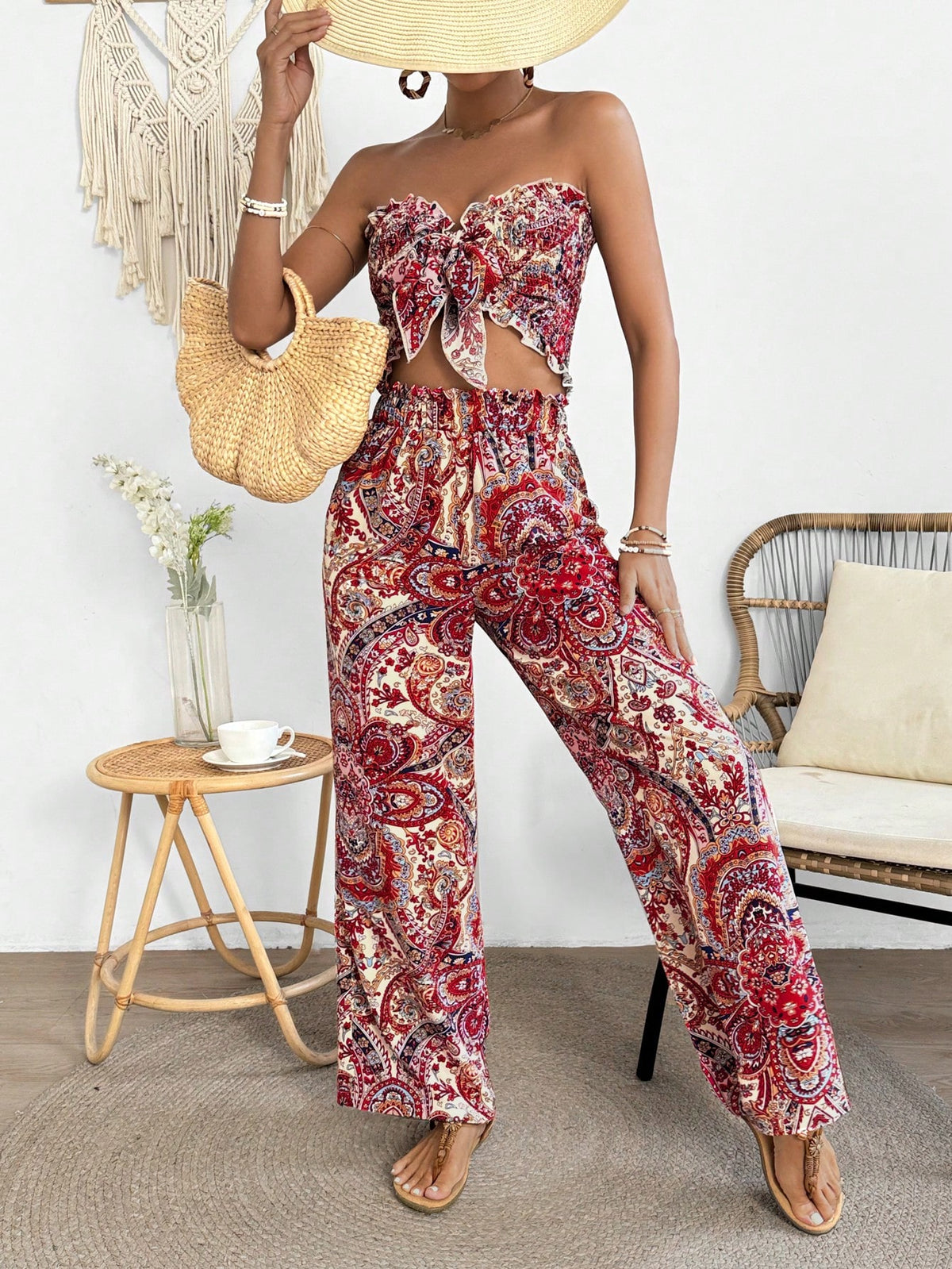 Women'S Elegant Cashew Print Front Tie Bandeau Top And Pants Set