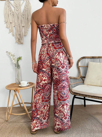 Women'S Elegant Cashew Print Front Tie Bandeau Top And Pants Set