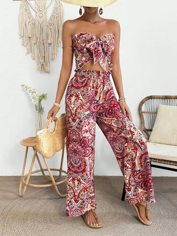 Women'S Elegant Cashew Print Front Tie Bandeau Top And Pants Set