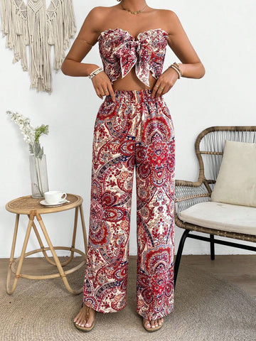 Women'S Elegant Cashew Print Front Tie Bandeau Top And Pants Set