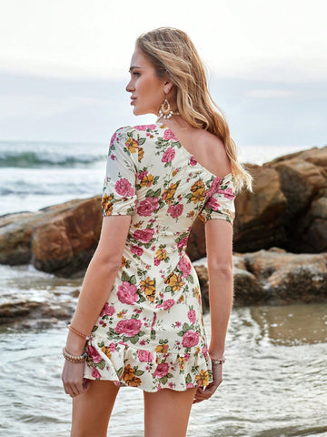 Women'S Floral Print Asymmetric Neckline Dress