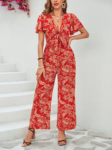 Women'S Floral Print Collared Wrap Front Jumpsuit