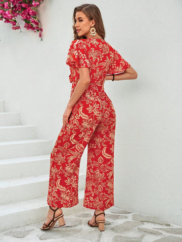 Women'S Floral Print Collared Wrap Front Jumpsuit