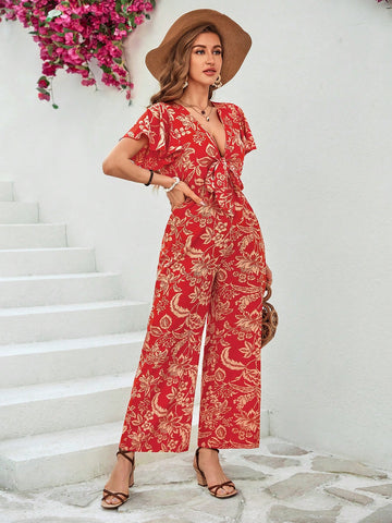 Women'S Floral Print Collared Wrap Front Jumpsuit