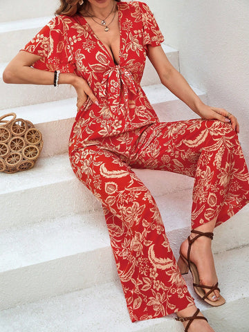 Women'S Floral Print Collared Wrap Front Jumpsuit