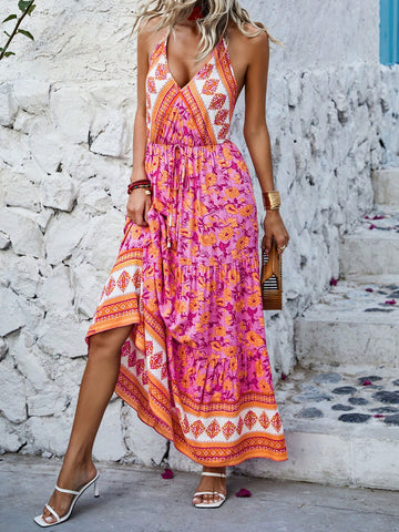 Women'S Floral Print Halter Neck Tie Waist Dress