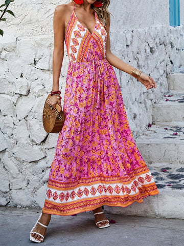 Women'S Floral Print Halter Neck Tie Waist Dress