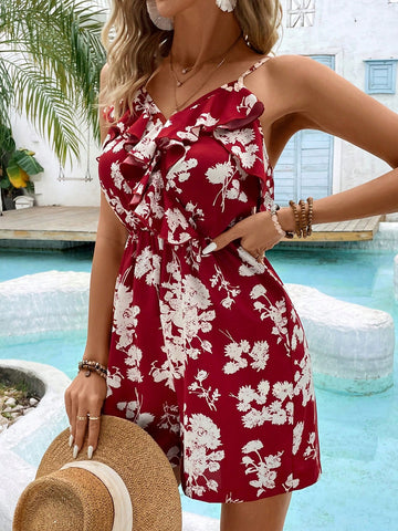 Women'S Floral Print Halterneck Romper Shorts