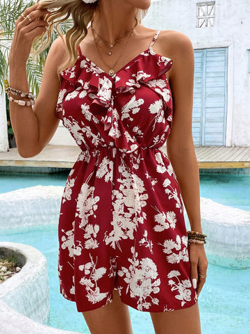 Women'S Floral Print Halterneck Romper Shorts