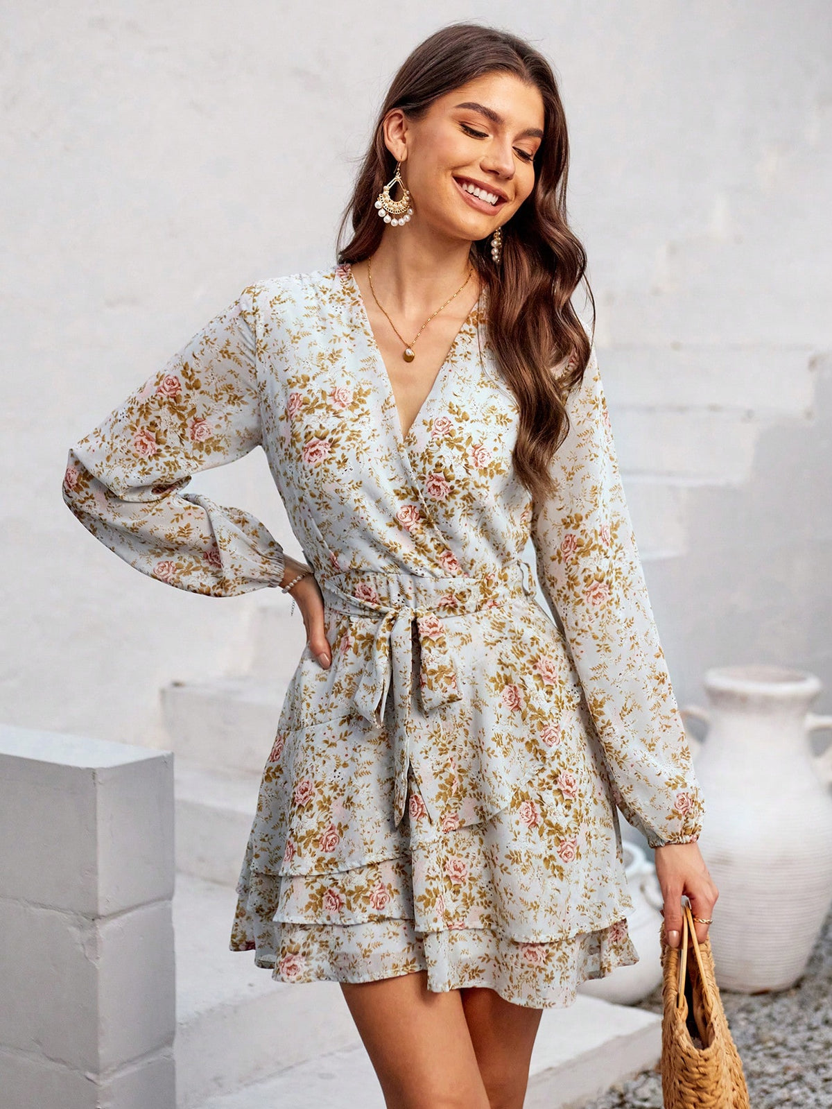 Women'S Floral Print Long Sleeve Dress