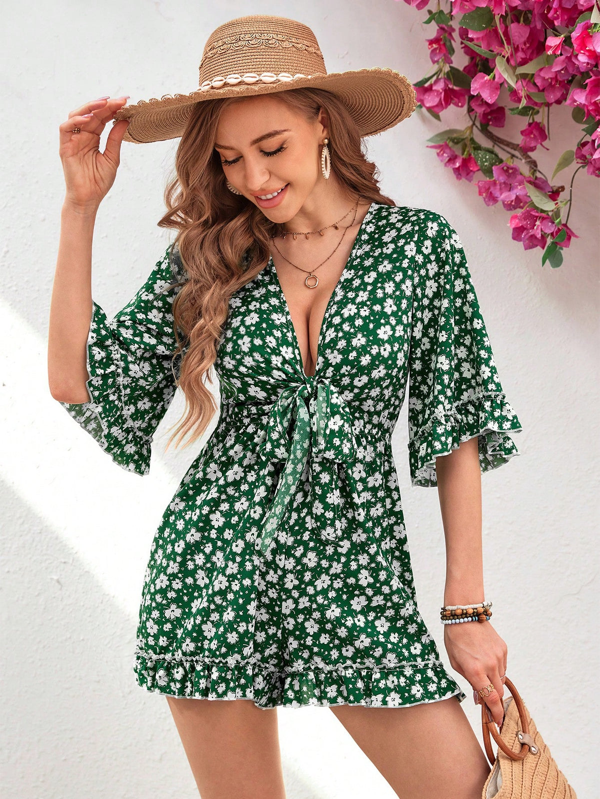 Women'S Floral Print V-Neck Tie Front Romper