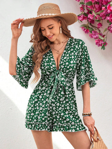 Women'S Floral Print V-Neck Tie Front Romper