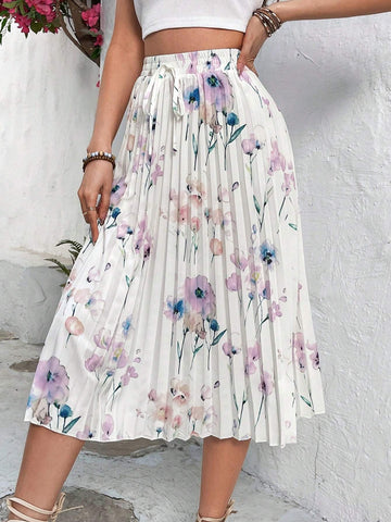 VCAY Women'S Floral Printed Pleated Floral Skirt