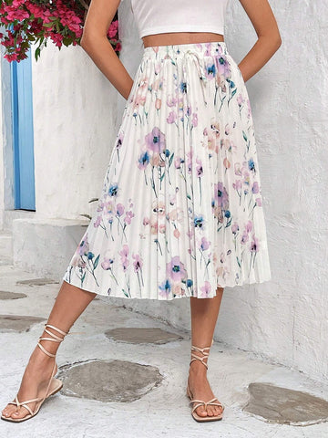 VCAY Women'S Floral Printed Pleated Floral Skirt